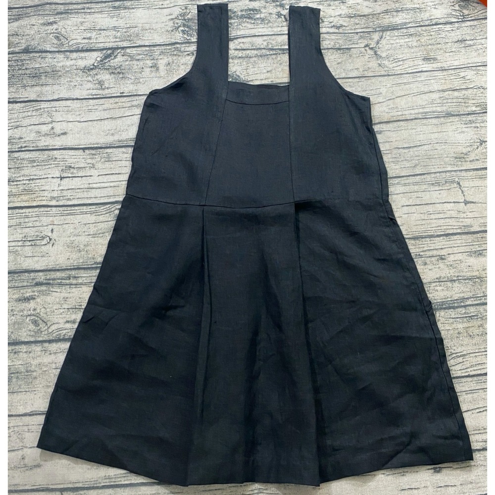 Flax S Pinafore Linen Square Neck Mini Sun Dress Front Box Pleated Pockets